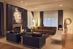 Brown curtains in the interior of a living room with a sofa