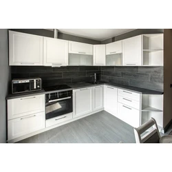 Gray kitchen with black countertop photo