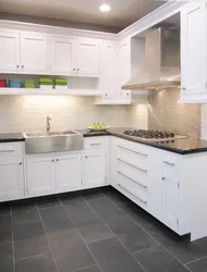 White kitchen design with gray floor