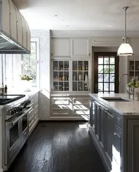 White kitchen design with gray floor