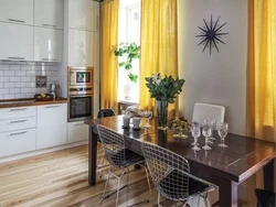 Yellow curtains in the kitchen interior photo how