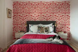 Photo of a wallpapered bedroom