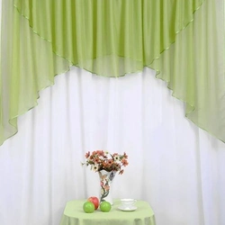 Kamar fotosurati bilan tuldan yasalgan oshxona uchun pardalar