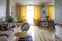 Mustard curtains in the kitchen interior