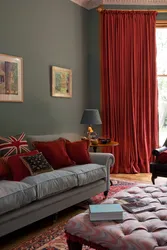 Red curtains in the bedroom interior