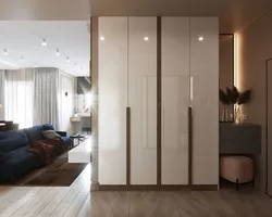 Glass wardrobe in the bedroom interior