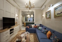 Sofas in the interior of a narrow living room