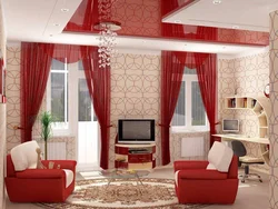 Қызыл тұсқағаздармен қонақ бөлмесінің интерьері