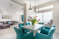 Kitchen design with turquoise chairs