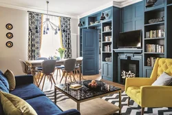 Blue armchair in the living room interior