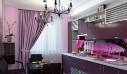 Purple curtains in the kitchen interior