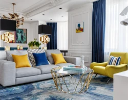 Blue sofa in the interior of the kitchen living room photo