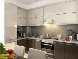 Бежевая кухня с серой столешницей в интерьере