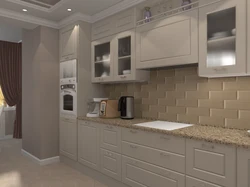 Beige kitchen with gray countertop in the interior