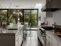 Kitchen interior with stained glass windows