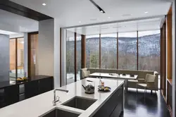 Kitchen interior with stained glass windows