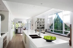 Kitchen interior with stained glass windows