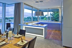 Kitchen interior with stained glass windows
