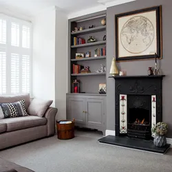Gray fireplace in the living room interior