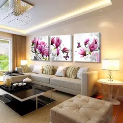 Panel on the wall in the living room above the sofa photo