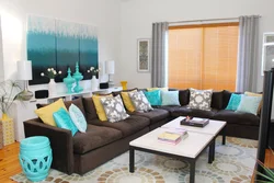 Turquoise curtains gray sofa in the living room interior