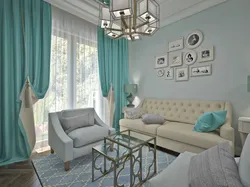 Turquoise curtains gray sofa in the living room interior