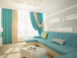 Turquoise Curtains Gray Sofa In The Living Room Interior
