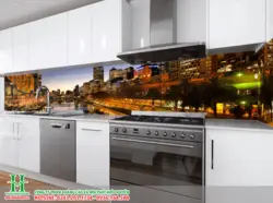 Kitchen with fresco and glass splashback photo