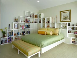 Shelves in the bedroom interior on the wall photo