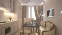Kitchen design with wallpaper in light colors photo