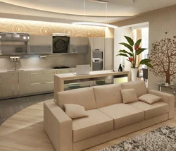 Design of a living room combined with a corner kitchen