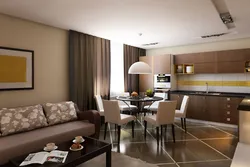 Interior of white-brown kitchen living room