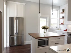 Refrigerator in a niche in the interior of the kitchen