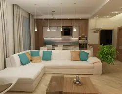 Kitchen living room interior with corner sofa