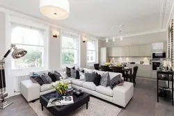 Kitchen living room interior with corner sofa