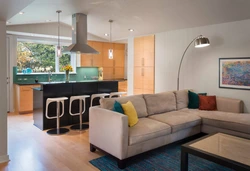 Kitchen living room interior with corner sofa