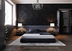 Dark bed in the bedroom interior photo design