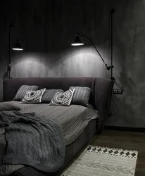 Dark bed in the bedroom interior photo design