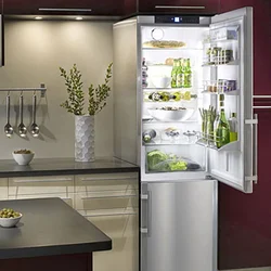 Narrow refrigerator in a small kitchen photo
