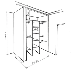 Built-in wardrobes in the hallway, diagrams, drawings, photos