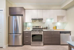 Kitchen design with white refrigerator and stove