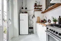 Kitchen design with white refrigerator and stove