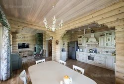 Kitchen In A Wooden House Made Of Logs Inside Photo