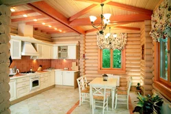 Kitchen In A Wooden House Made Of Logs Inside Photo
