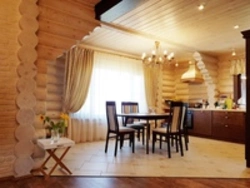 Kitchen In A Wooden House Made Of Logs Inside Photo