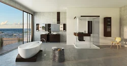 Bathtub in the center of the bathroom photo