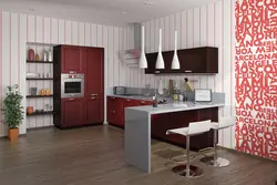 Дизайн кухни красные обои