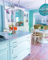 What color goes with mint in the kitchen interior photo