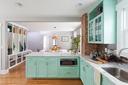 What color goes with mint in the kitchen interior photo