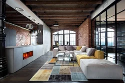 Qonaq otağının interyerində loft üslubunda divar kağızı
